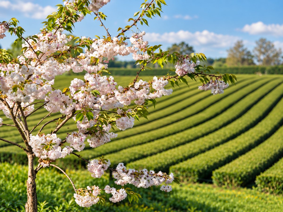 nouvelle-zelande-the-optimisee Jardin de thé en Nouvelle-Zélande avec des rangées de théiers et des arbres en fleurs